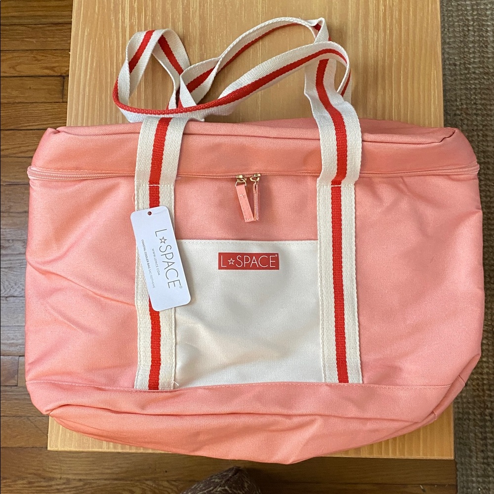 L Space Coastal Cooler Bag Coral Pink Red & White